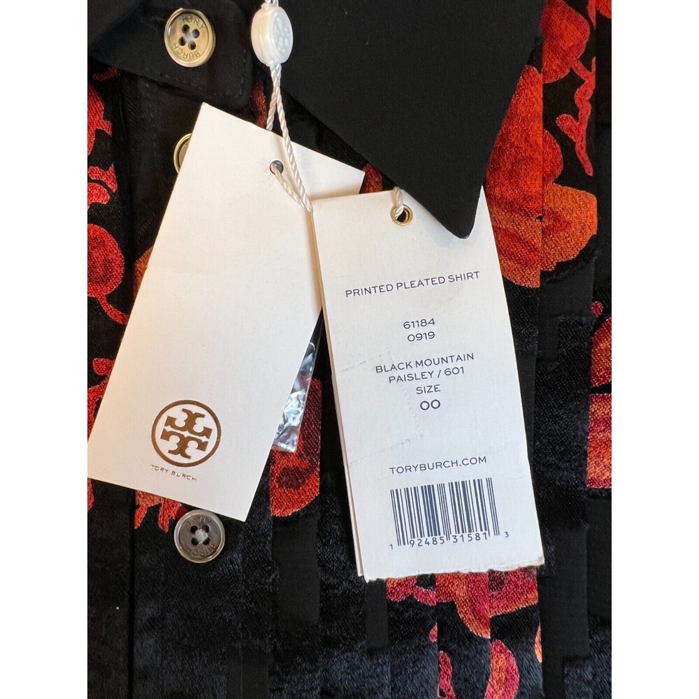 Tory Burch Printed Pleated Shirt Womens 00 Black Red Paisley Button Up $498 NWT - Picture 7 of 11